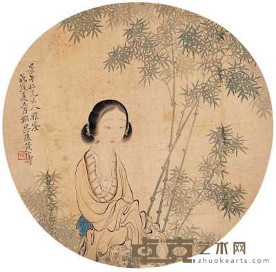 黄山寿 戊寅（1878年）作 修竹美人图 团扇 